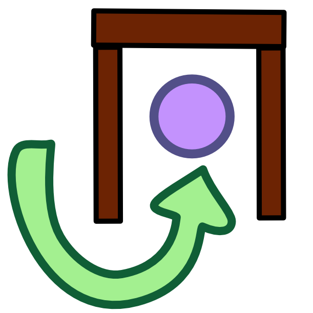 under a table is a purple ball, green arrow curves under the table point at the ball from below.